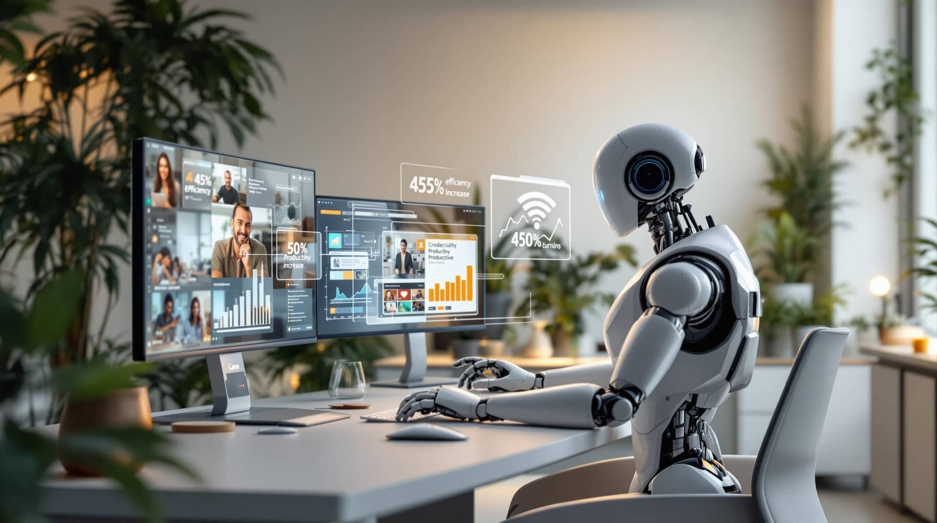 Human and humanoid robot collaborating at a modern desk with data displays showing efficiency gains, exemplifying effective human AI collaboration in a bright, minimalist workspace.