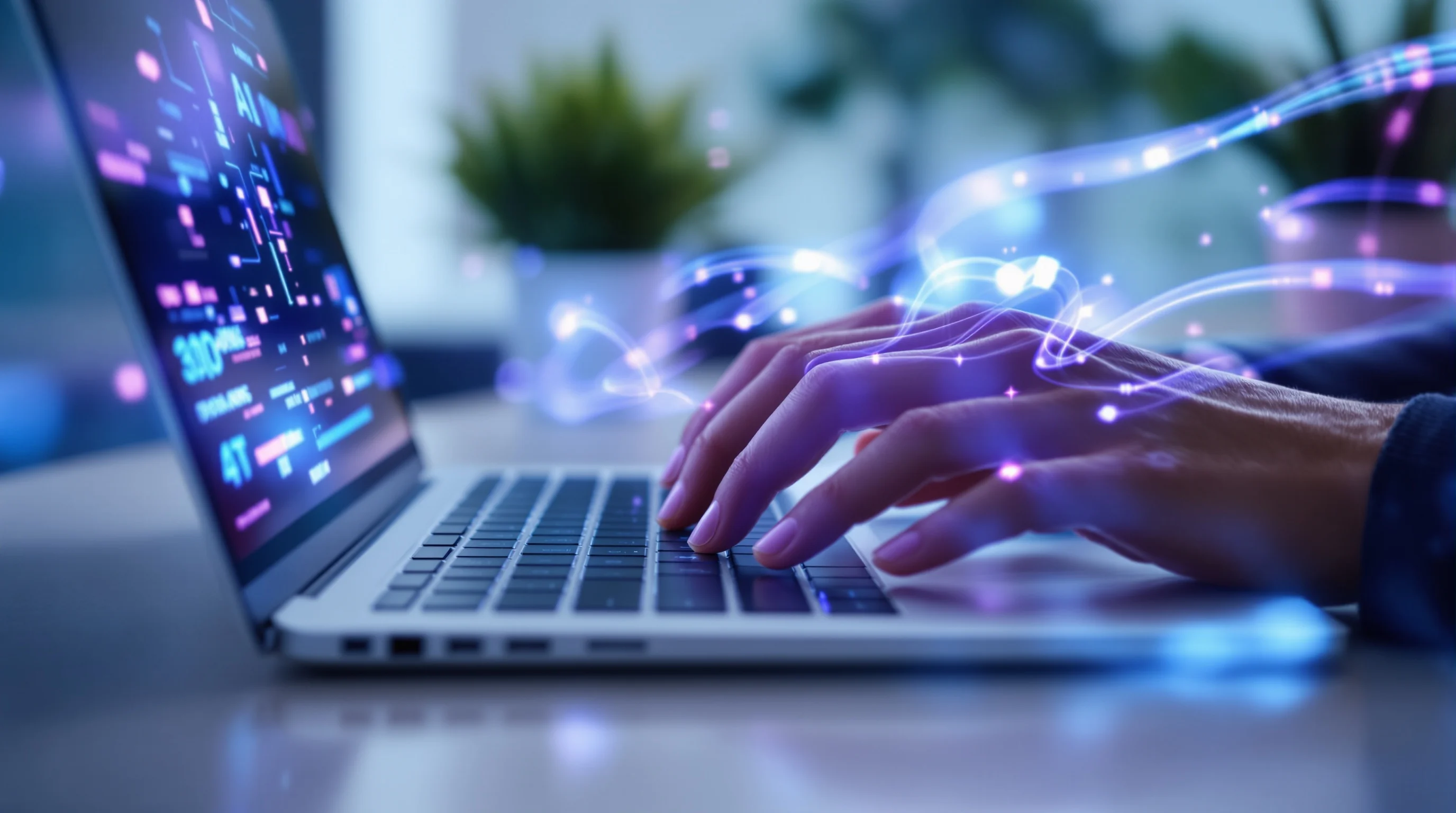 Hands typing on laptop with blue and purple AI light patterns flowing from screen, showing human-AI collaboration