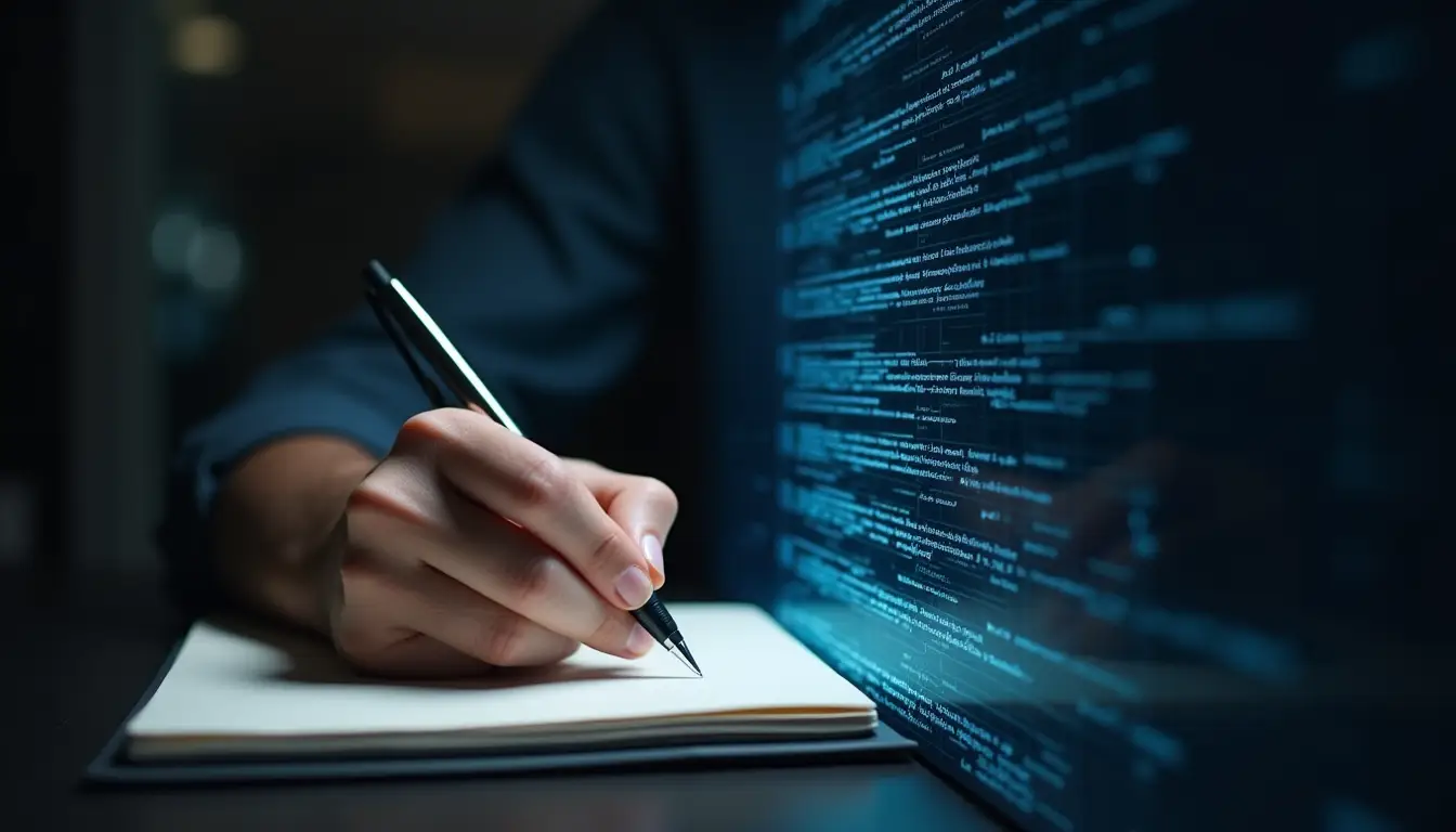 Side-by-side comparison of AI vs human writing processes showing a person writing by hand next to digital AI text generation