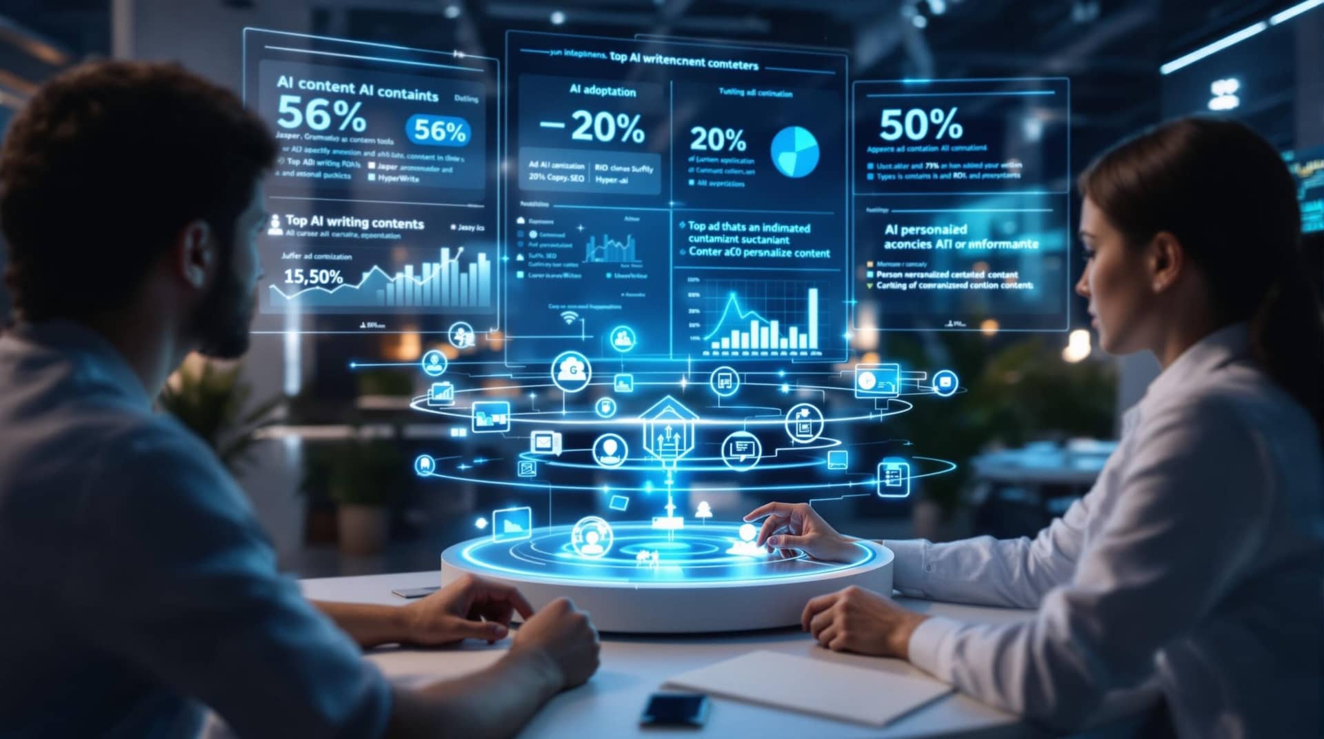  A futuristic AI content marketing workspace showing professionals analyzing data with holographic displays of popular tools like Jasper and Grammarly, surrounded by digital screens showing 58% adoption rates and 20% ROI increases. 