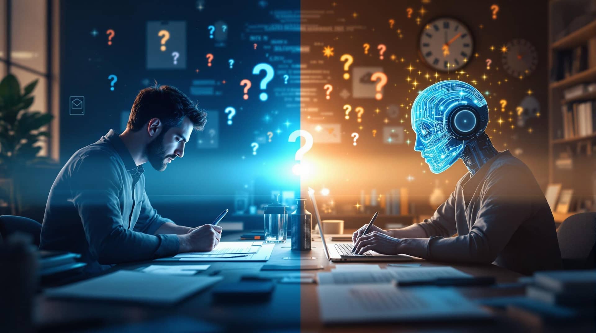  Split-screen illustration contrasting a human writer with pen and paper under warm light versus an AI text generator with blue technological glow, separated by a blurred boundary with question marks, highlighting AI writing ethics considerations across journalism, academia, and marketing contexts. 