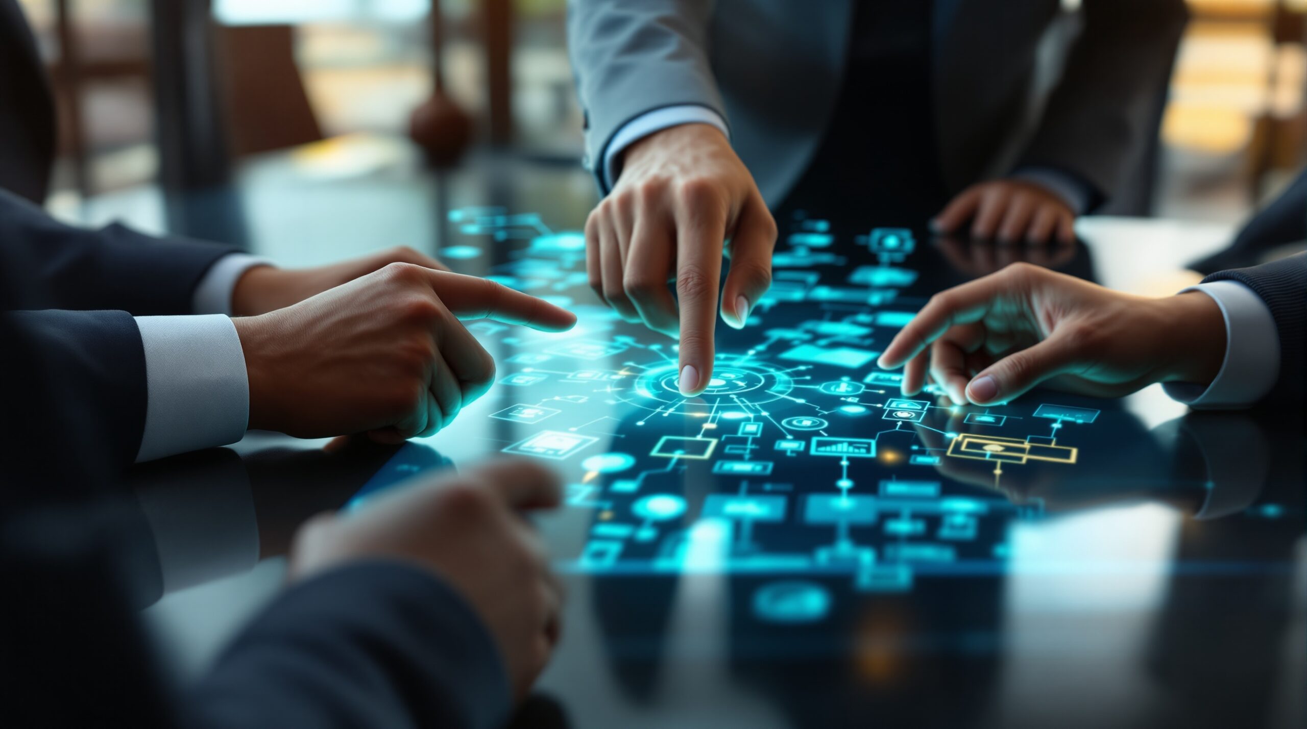 Diverse hands collaborating around conference table, pointing to tablet showing algorithmic flowcharts in meeting room
