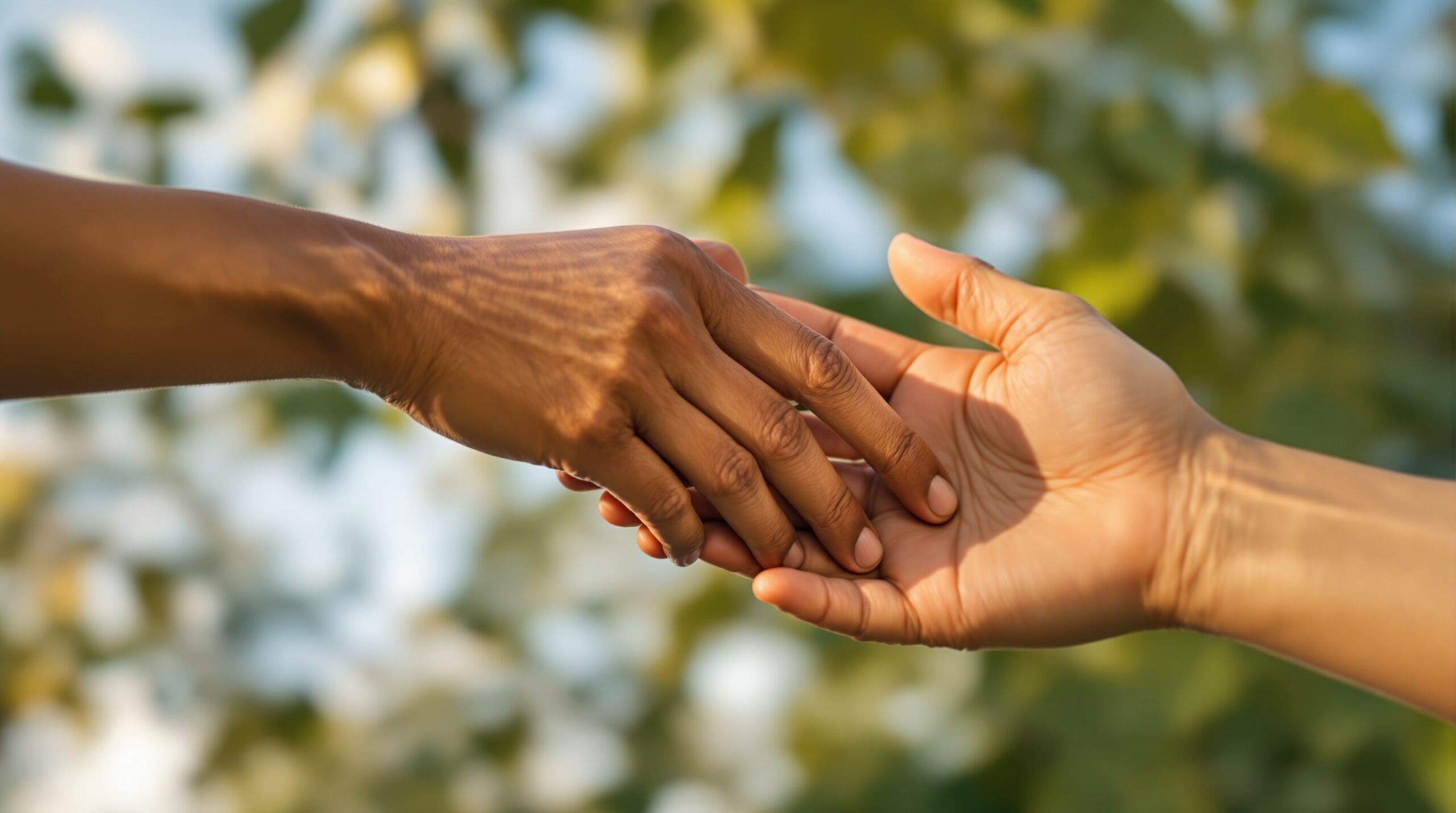 Diverse hands reaching toward each other in compassionate gesture, illustrating human morality and connection