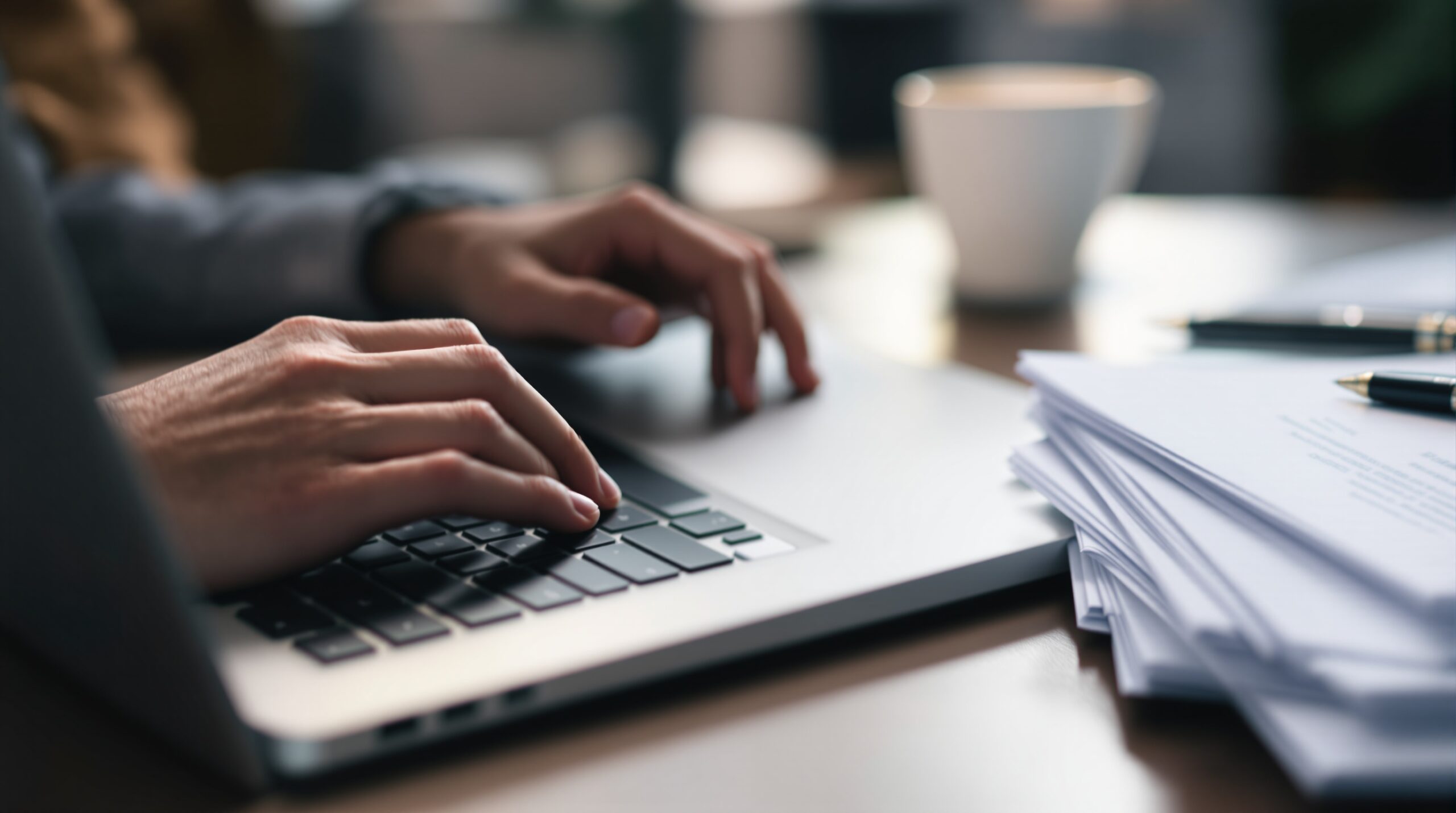 Hands typing on laptop keyboard with business documents, coffee cup, and pen in professional workspace