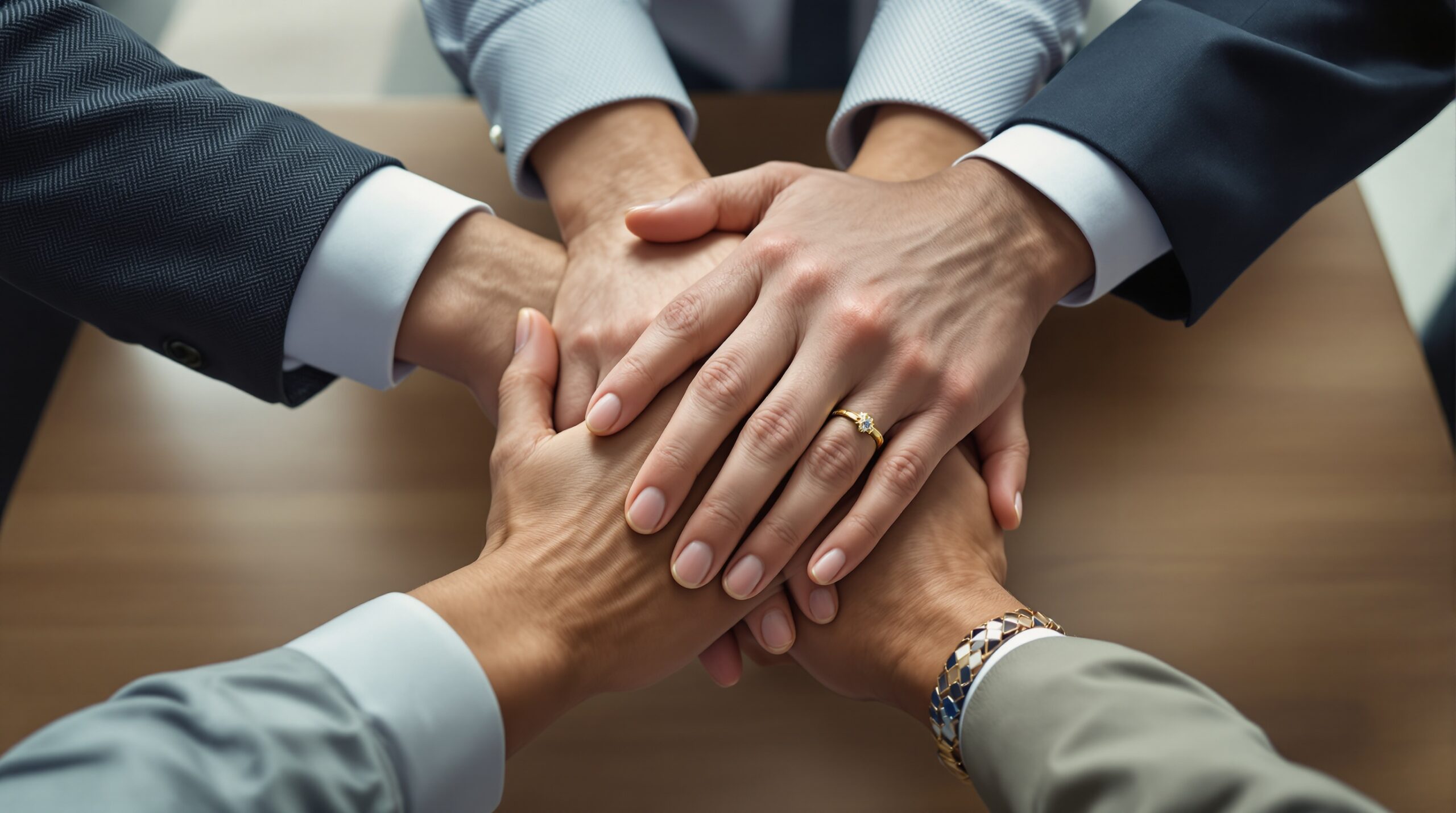Diverse business professionals' hands joining together over conference table, symbolizing ethical leadership teamwork