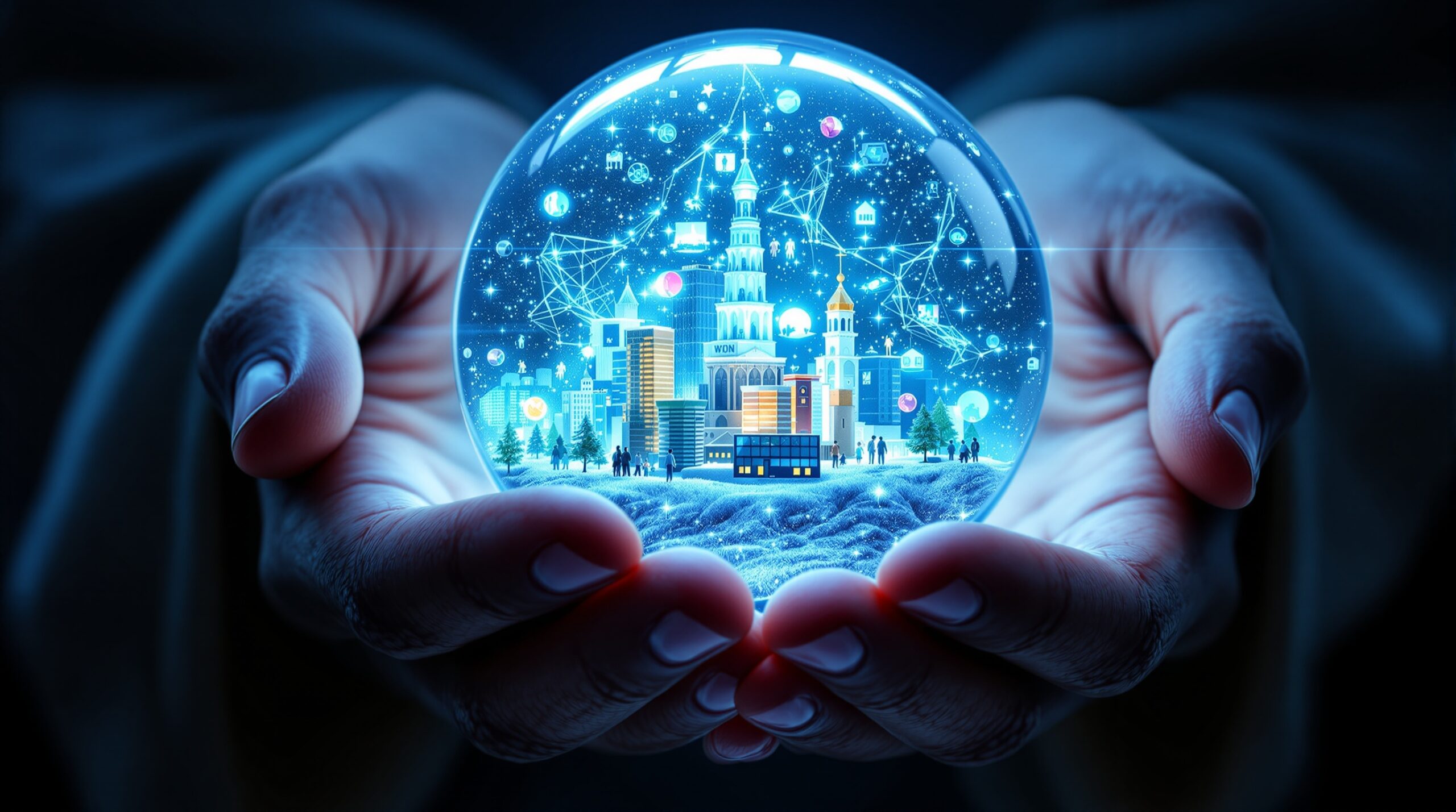 Weathered hands cupping glowing orb containing miniature digital avatars and virtual worlds, symbolizing digital ethics wisdom