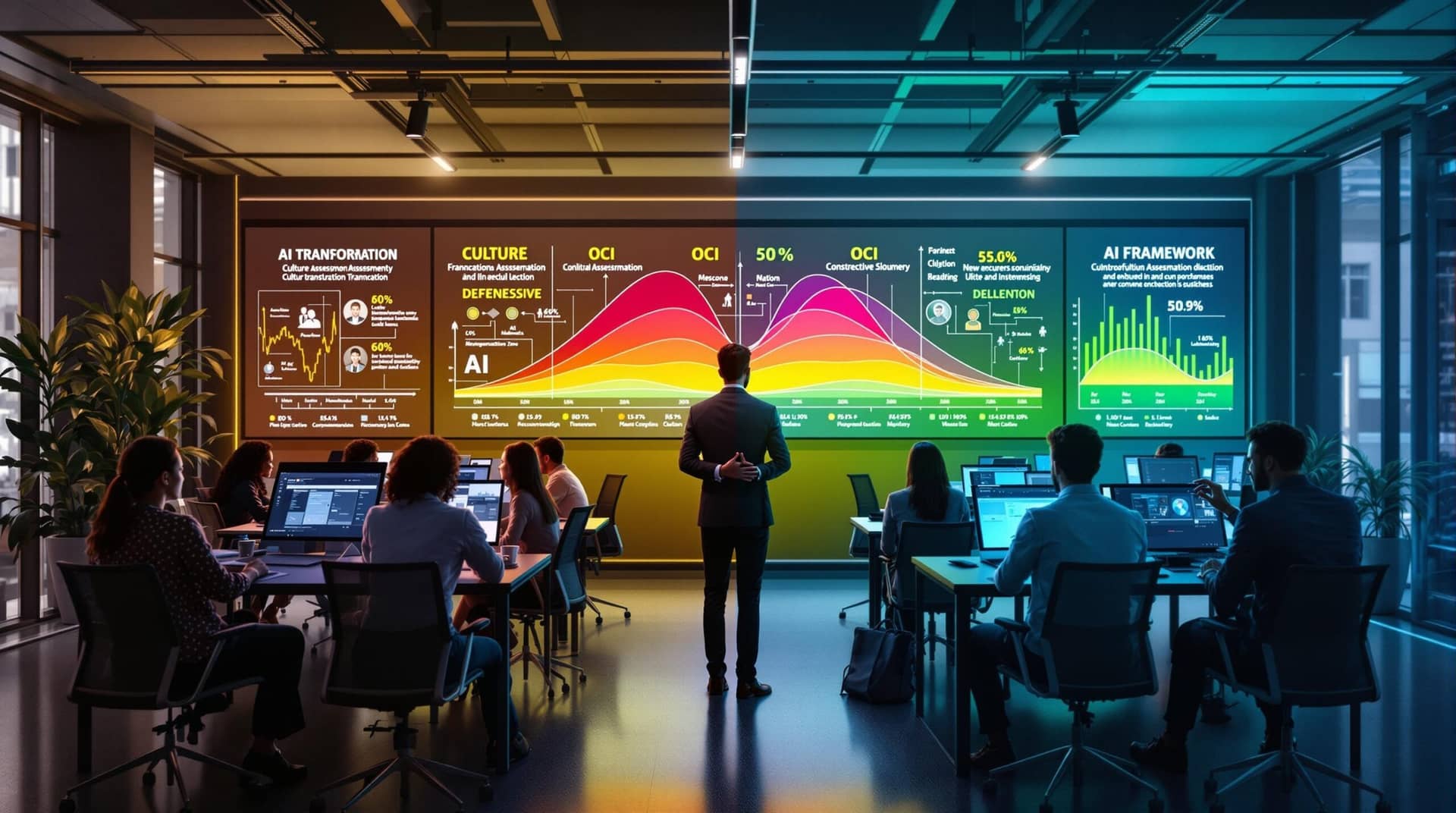  Business executive guides a diverse team through AI transformation, displaying organizational culture inventory charts transitioning from defensive (red) to constructive (green) zones, with half the team embracing AI technologies while others show hesitation. 