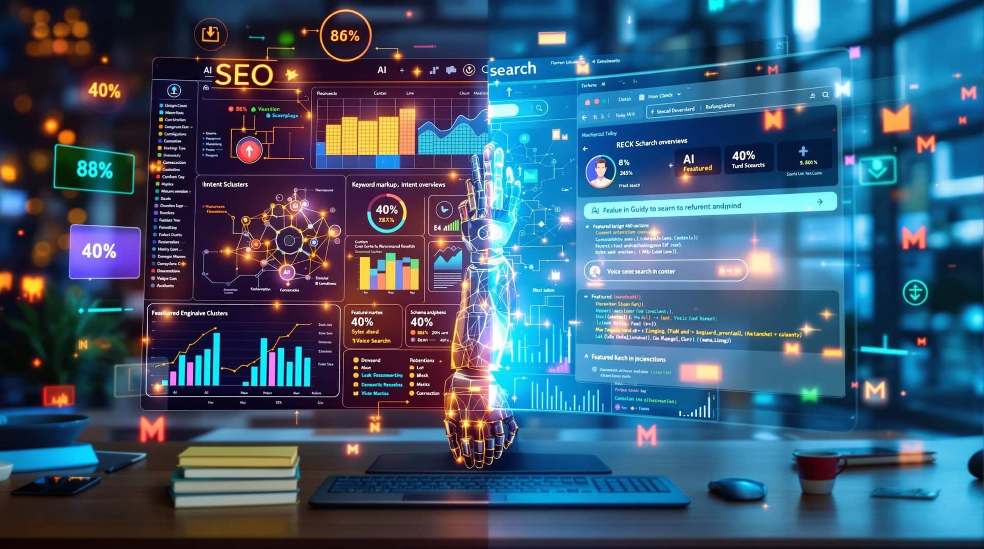  Digital workspace showing a content creator using AI SEO tools with data visualizations alongside search results, featuring SEO and AI collaboration elements like schema markup, keyword clusters, and performance statistics. 