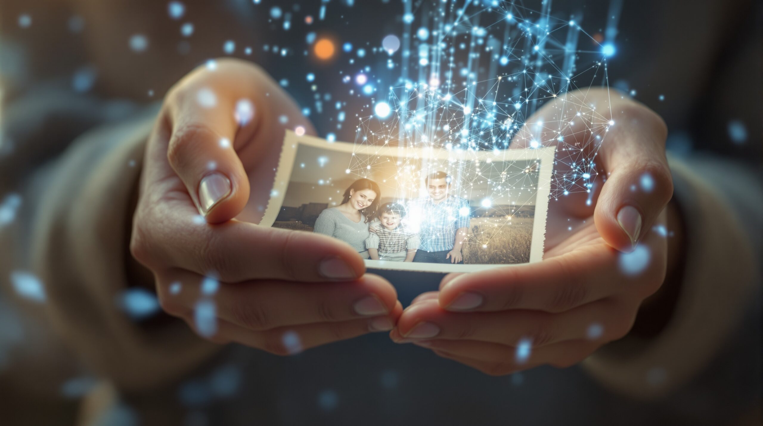 Hands holding old family photo with digital particles flowing upward, transforming into data patterns and neural networks
