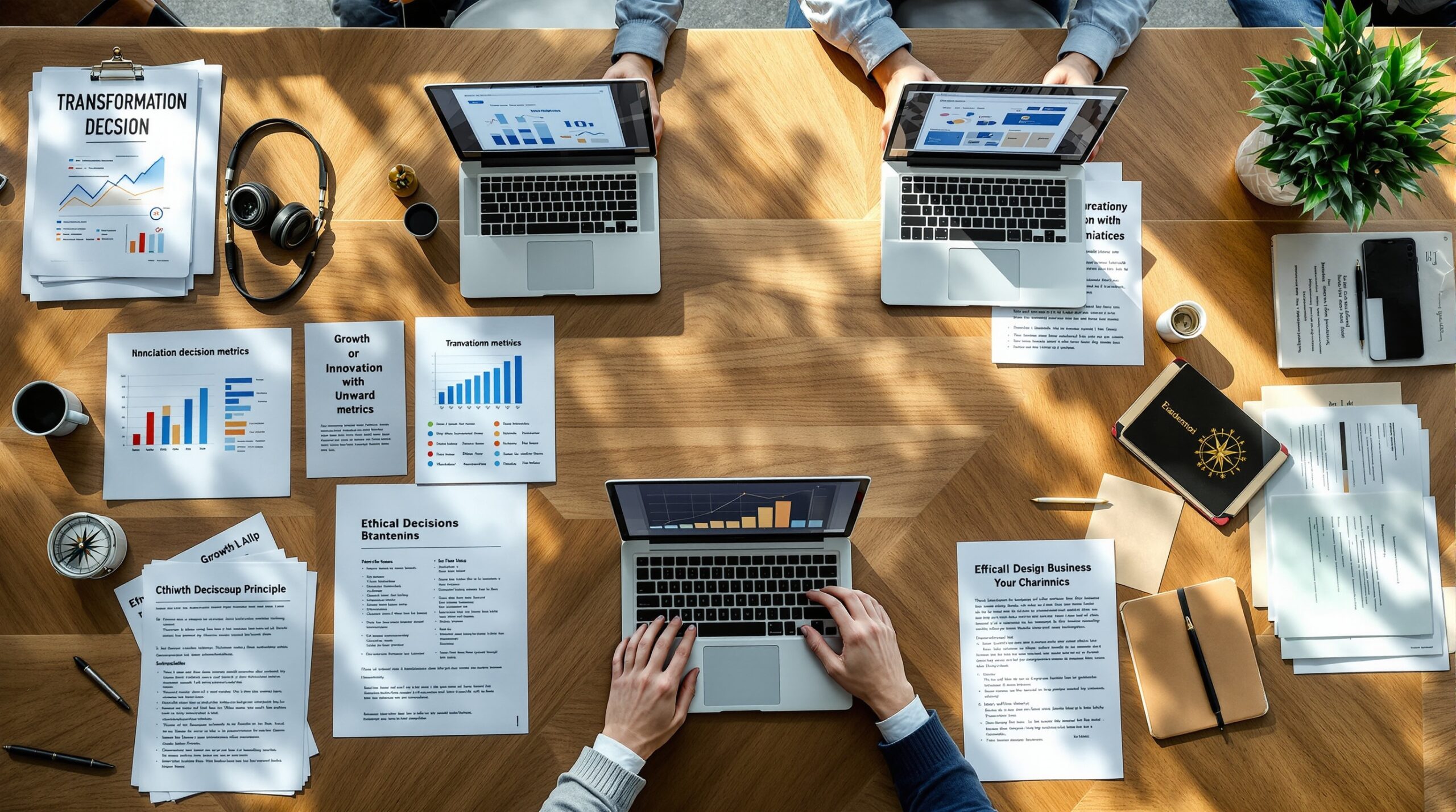 Split conference table showing transformational leadership tools with growth charts and ethical leadership materials with compass